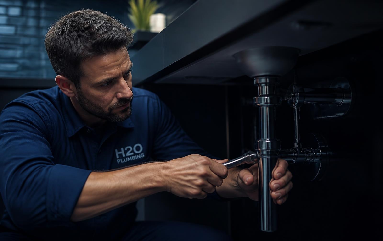 TT Tech engineer fitting a chrome pipe under a sink